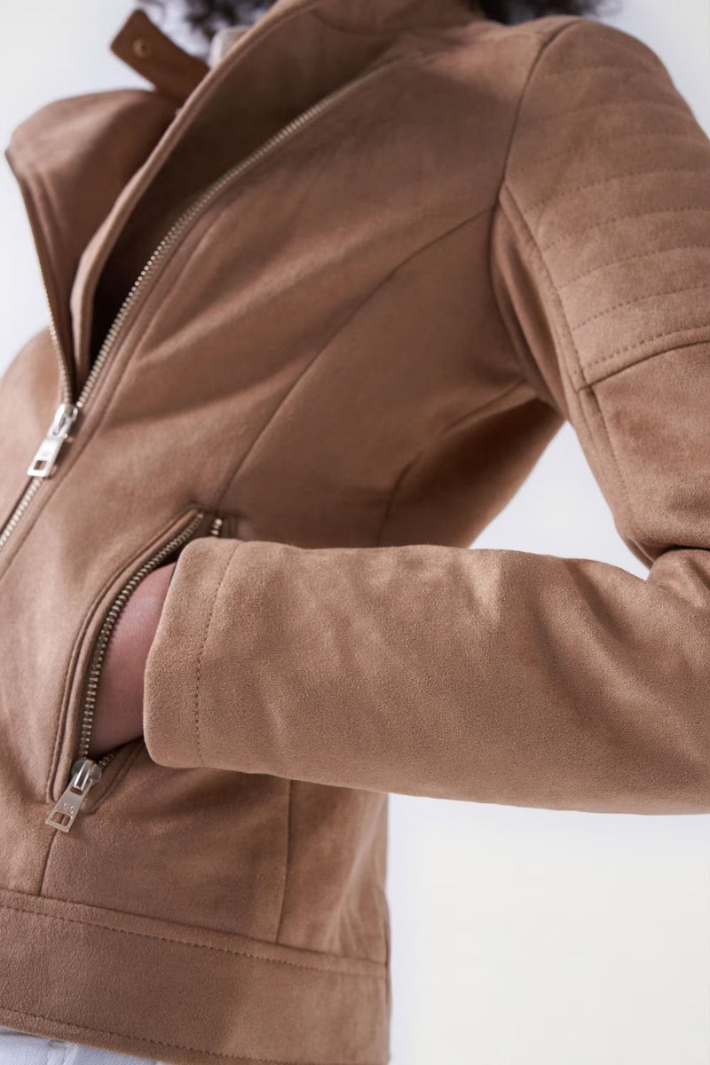 Zipped Suede Jacket - Light Brown