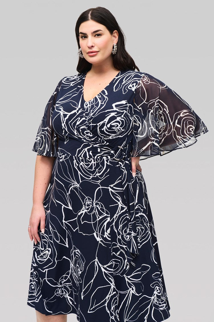 Floral Print Chiffon Dress - Midnight Blue/vanilla