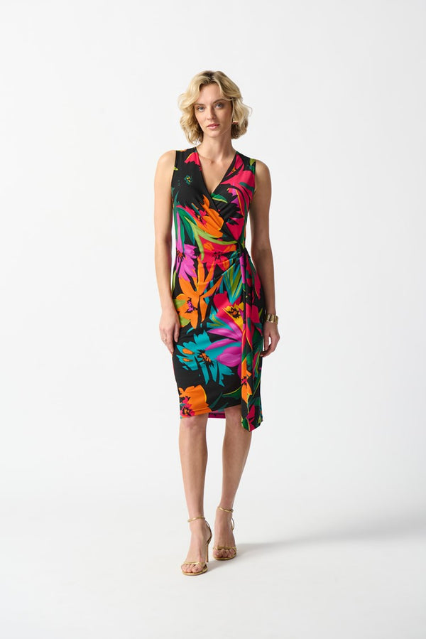 Tropical Print Wrap Dress - Black/multi