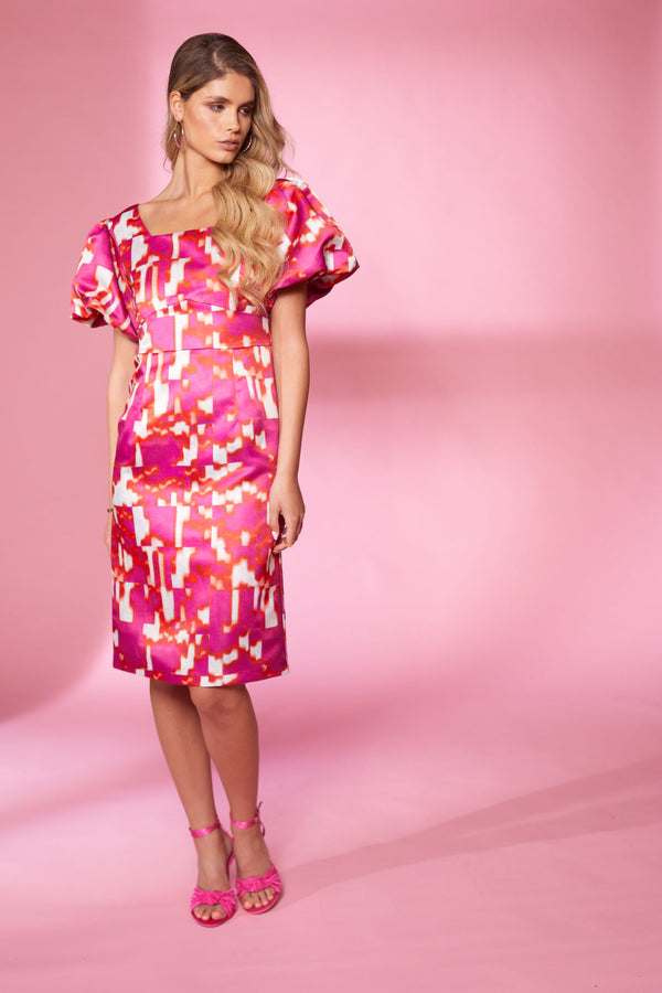 Flared Sleeve Print Dress - Watermelon