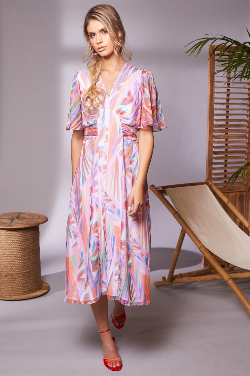 Pleated Bust Print Dress - Lilac