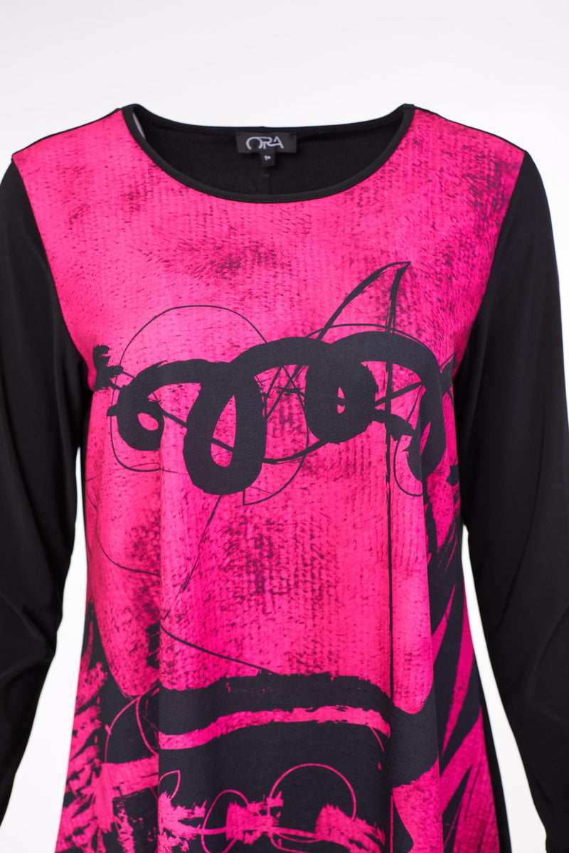 Ora Contrast Sleeve Print Top - Black/pink