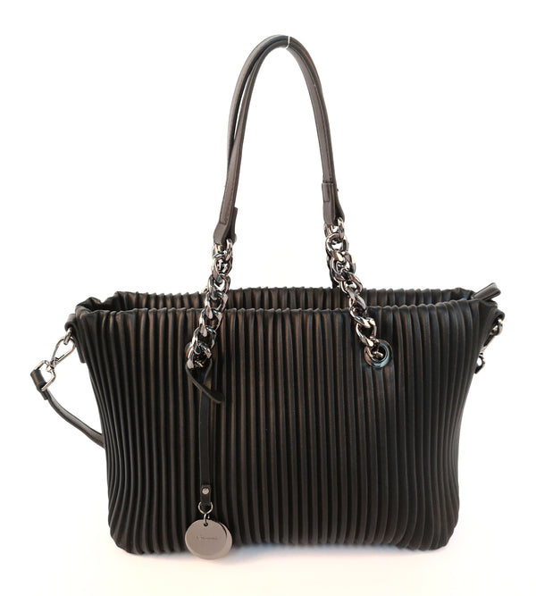 Ribbed Double Chain Handle Tote Bag - Black
