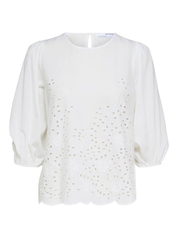 3/4 Sleeve Broderie Top - Snow White
