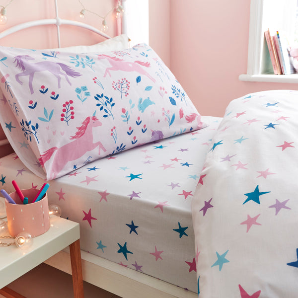 Woodland Unicorn Stars Pink Fitted Sheet Single