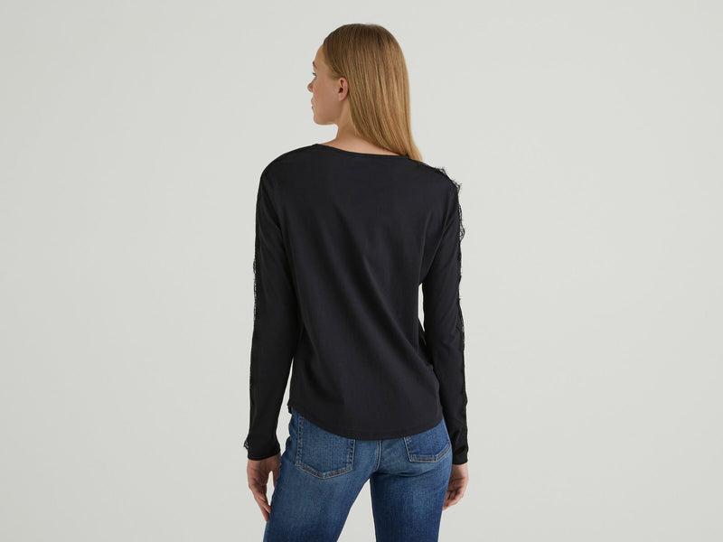 Lace Trim Sleeve T-shirt - Black