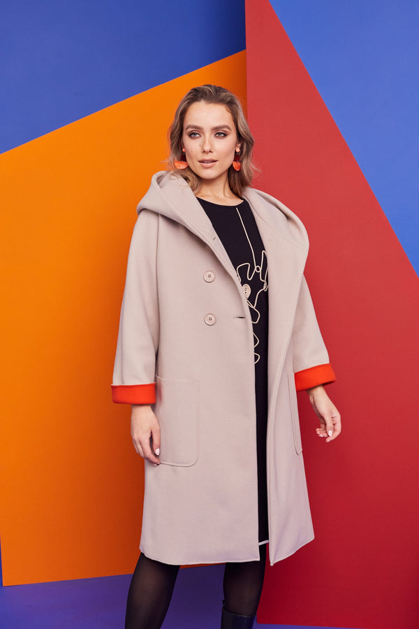Contrast Cuff Hooded Coat - Stone