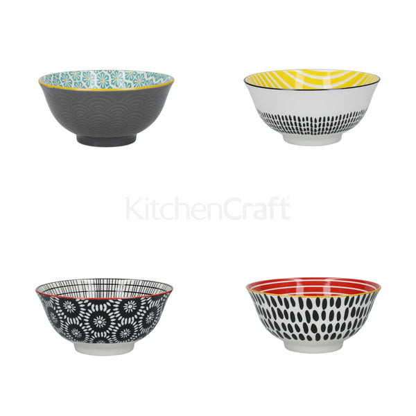 Set of 4 Monochrome Patterned Ceramic Bowls