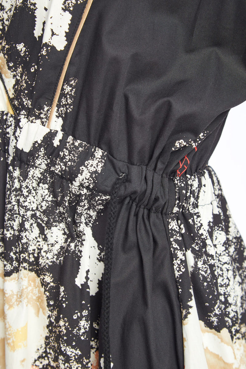Contrast Piping Print Dress - Black/Stone
