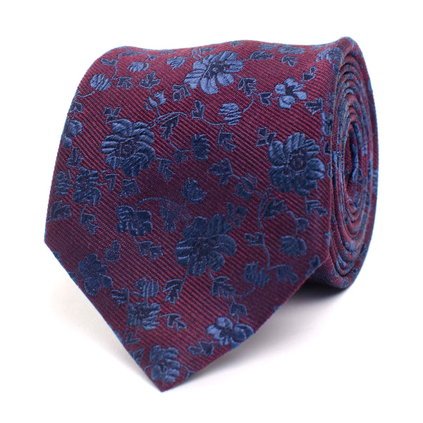 Silk Tie With Flower Design - Bordeaux