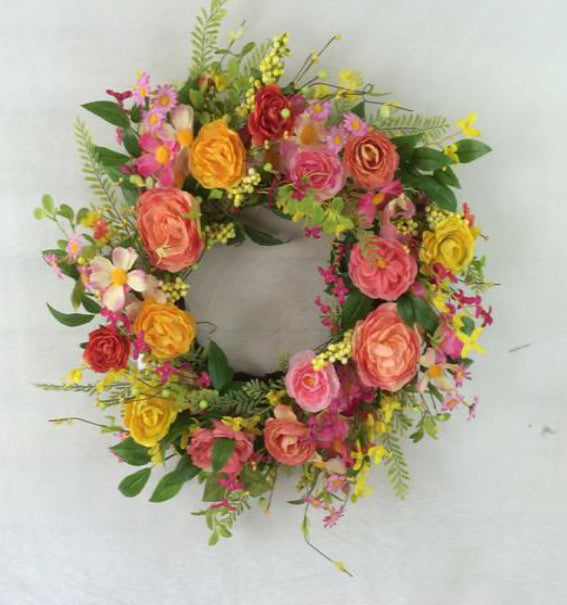 65cm Pink & Yellow Flower & Berry Wreath