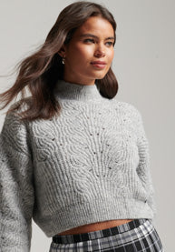 Pointelle Cable Knit Crew Neck Jumper - Light Grey Marl