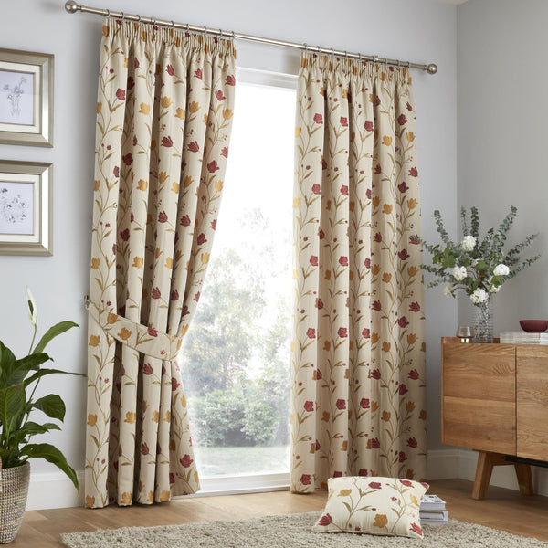 Juliette Natural/Red Readymade Pencil Pleat Curtains - 66" x 72"