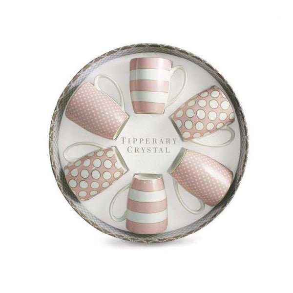 Tipperary Crystal Hat Box Set of 6 Mugs - Spots & Stripes Pink