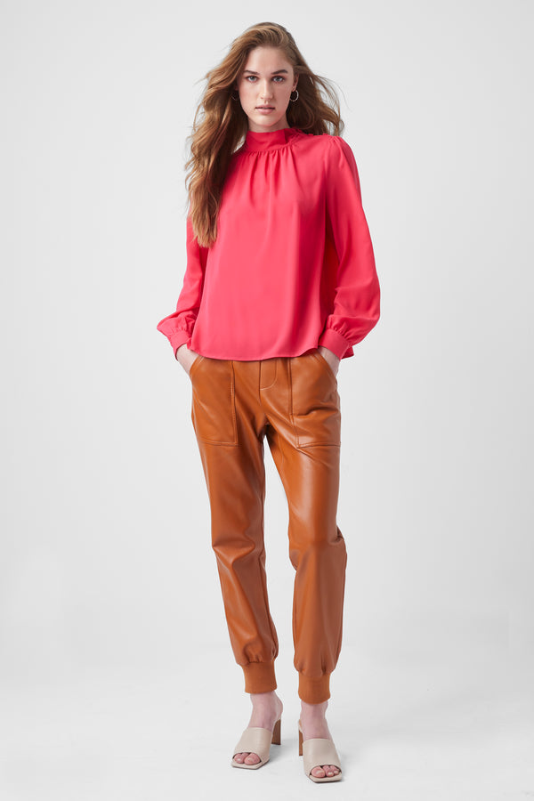 Arina Solid Button Neck Top - Raspberry