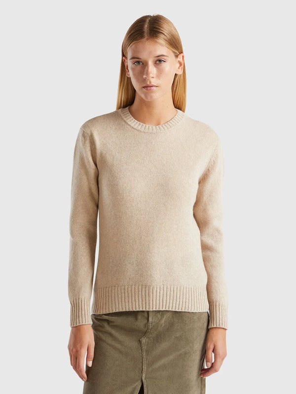 Shetland Wool Round Neck Jumper - Sand