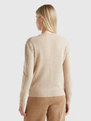 Melange Round Neck Wool Cardigan - Sand