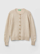 Melange Round Neck Wool Cardigan - Sand