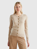 Melange Round Neck Wool Cardigan - Sand