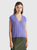 Sleeveless Cable V Neck Jumper - Purple