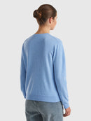 Crew Neck Cardigan in Pure Merino Wool - Light Blue