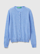Crew Neck Cardigan in Pure Merino Wool - Light Blue