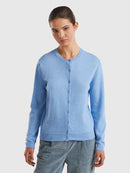 Crew Neck Cardigan in Pure Merino Wool - Light Blue