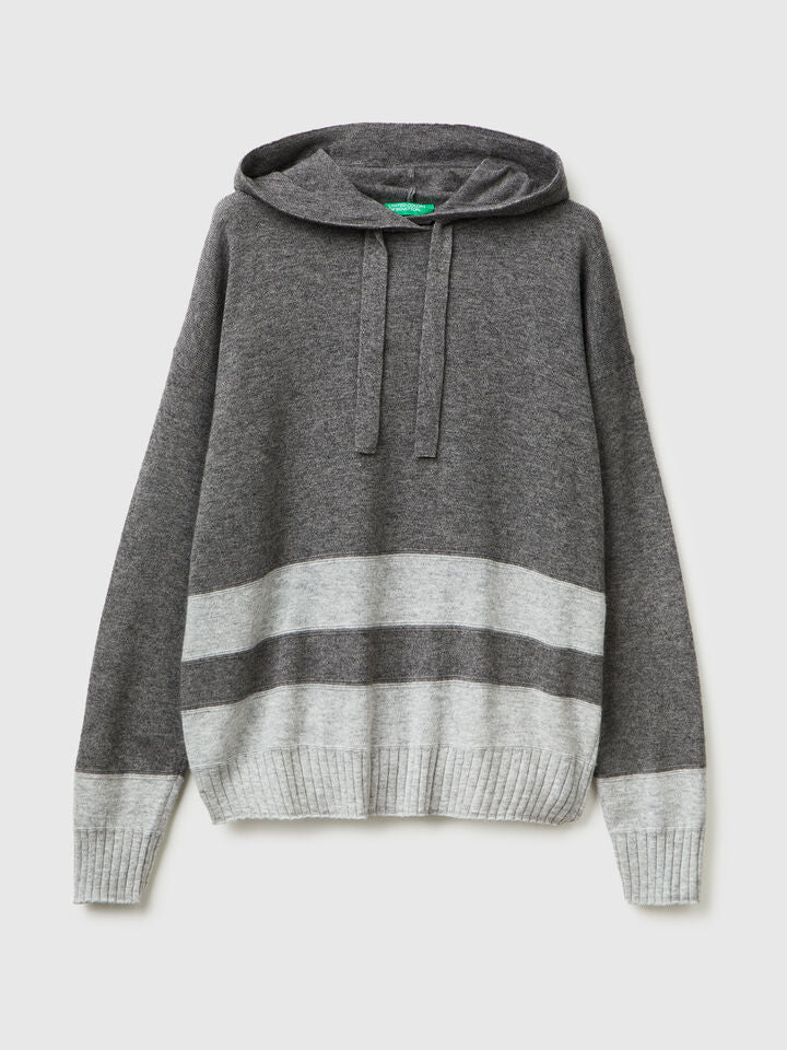 2 Tone Cashmere Blend Hoodie - Grey