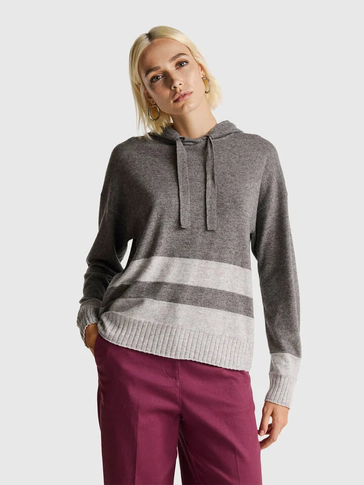 2 Tone Cashmere Blend Hoodie - Grey