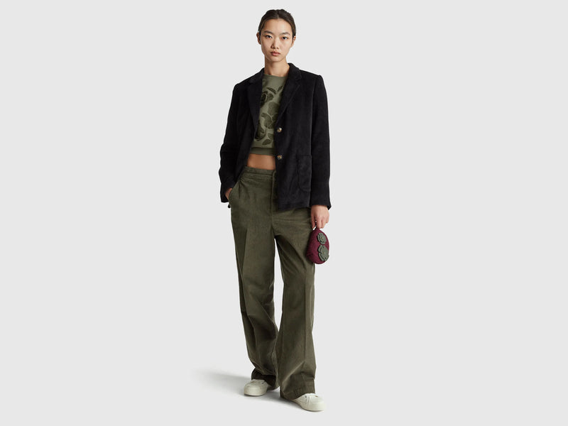 Wide Leg Velvet Cord Trouser - Military Green