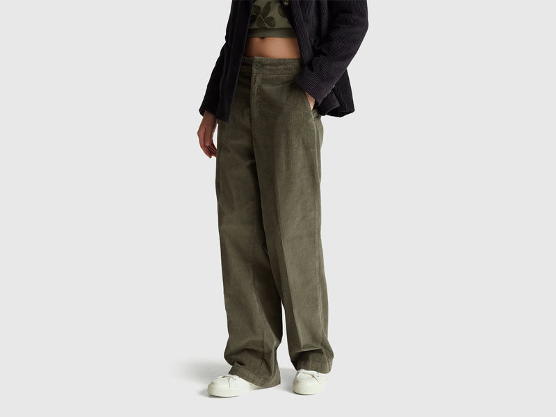 Wide Leg Velvet Cord Trouser - Military Green
