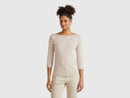Boat Neck Long Sleeve Stripe T-Shirt - Sand/white