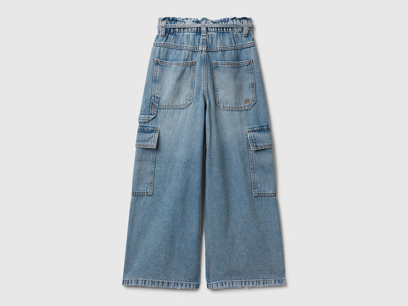 Girls Cargo Pocket Wide Jean - Denim
