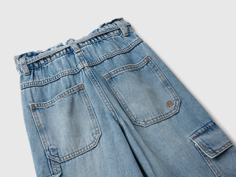 Girls Cargo Pocket Wide Jean - Denim