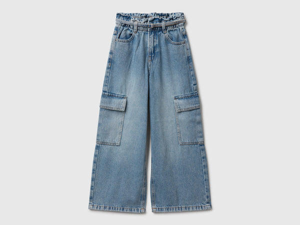 Girls Cargo Pocket Wide Jean - Denim