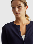 Crew Neck Cardigan in Pure Merino Wool - Navy