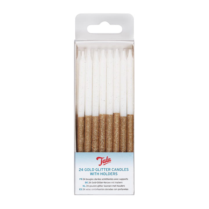 24 Gold Glitter Candles with Holders