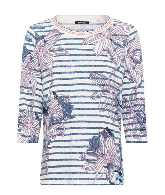 Back In Bloom Print Stripe T-Shirt - Ink Blue