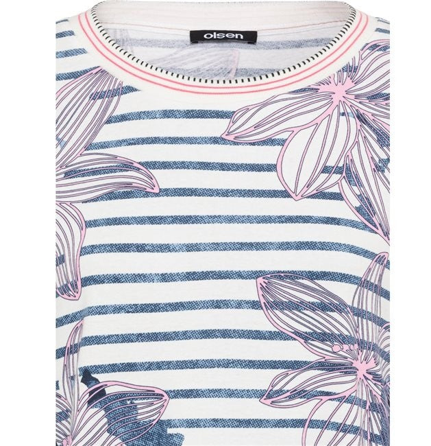 Back In Bloom Print Stripe T-Shirt - Ink Blue