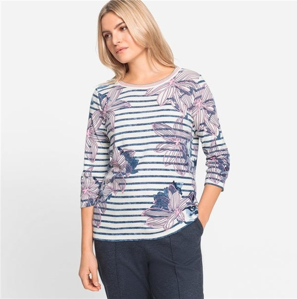 Back In Bloom Print Stripe T-Shirt - Ink Blue