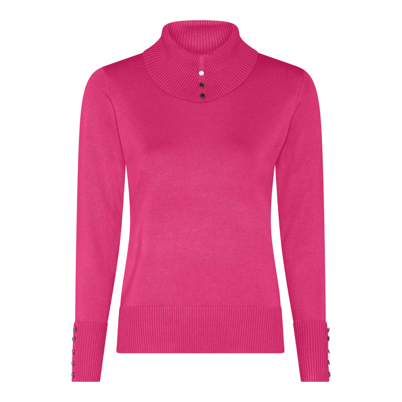 Ribbed Collar Polo Neck Jumper - Pink
