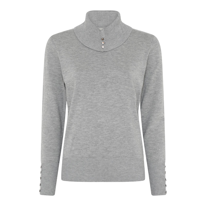 Ribbed Collar Polo Neck Jumper - Light Grey