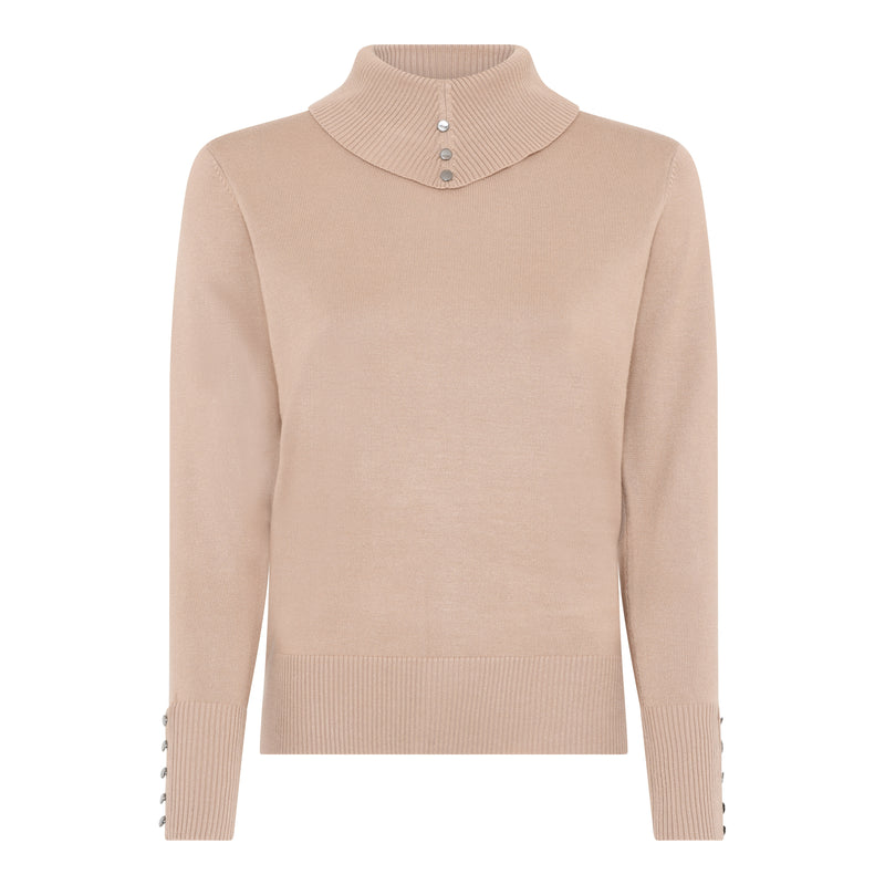 Ribbed Collar Polo Neck Jumper - Camel