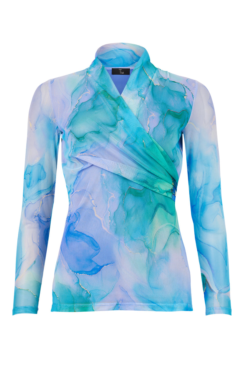 Watercolour Print Chiffon Wrap Top - Pale Blue