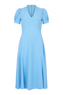 Empire Line Puff Sleeve V Neck Dress - Pale Blue