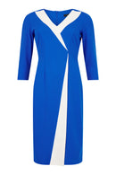Contrast Detail V Neck Dress - Ivory/blue