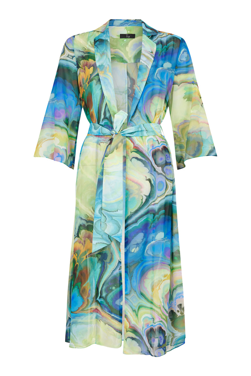 Long Chiffon Print Overcoat - Peacock Blue