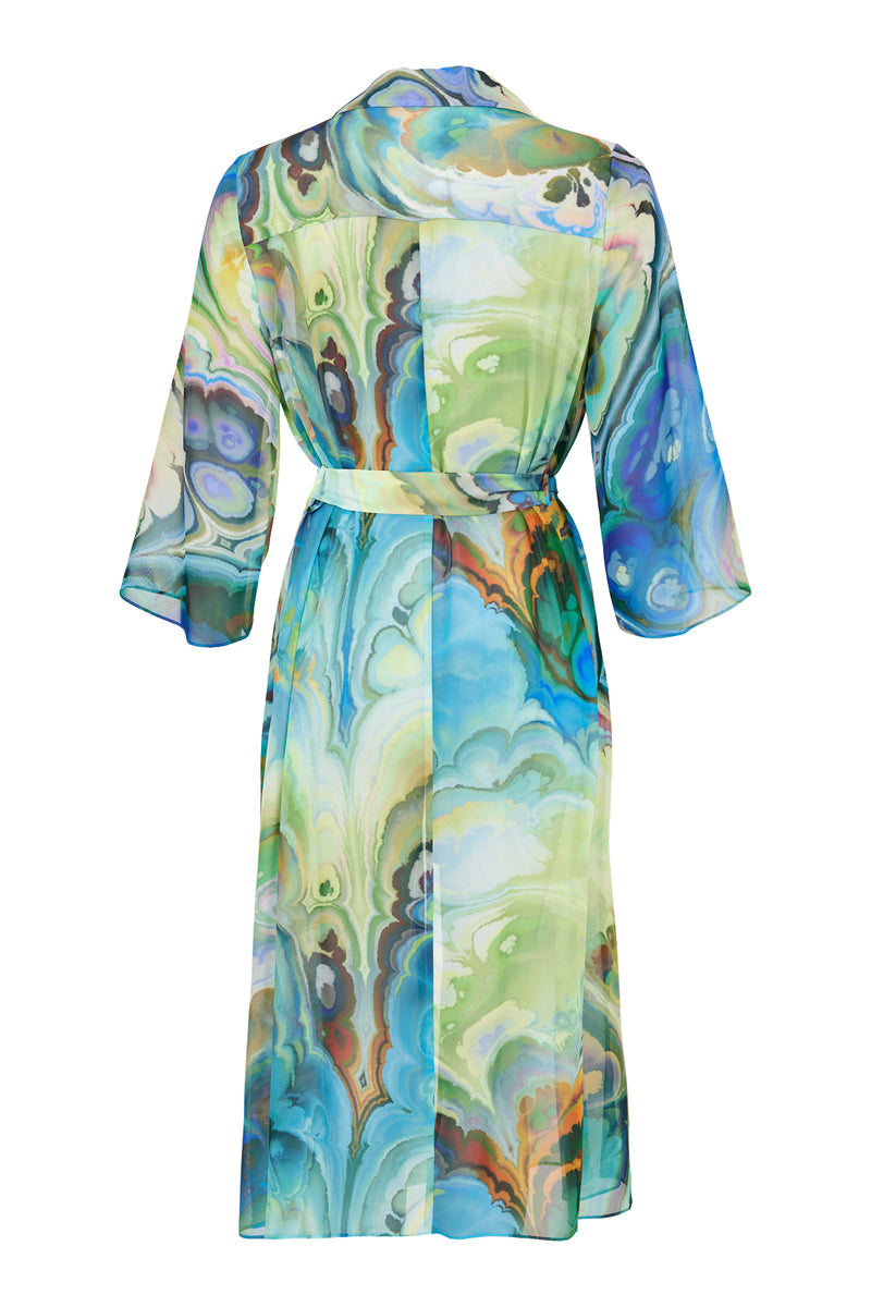 Long Chiffon Print Overcoat - Peacock Blue