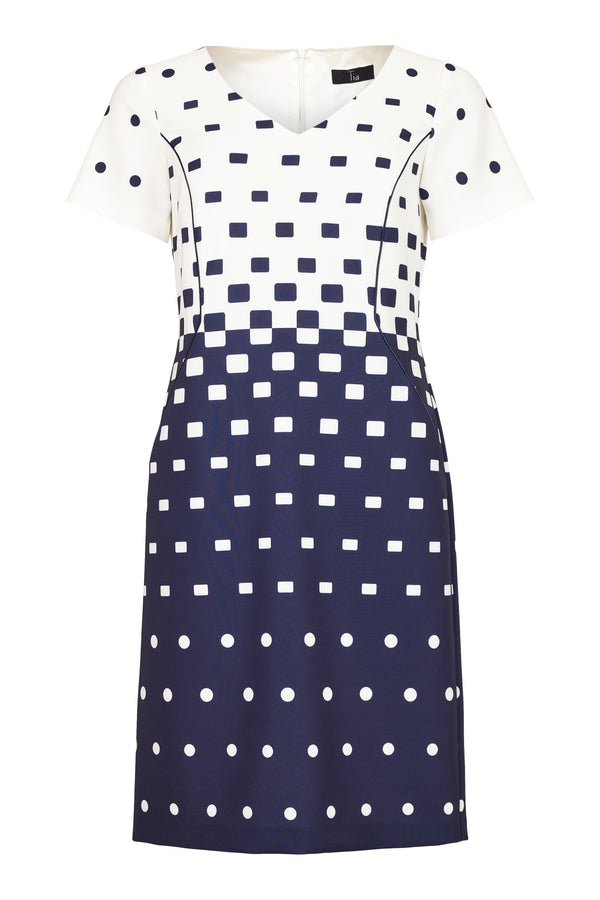 2 Tone Squares V Neck Dress - Navy