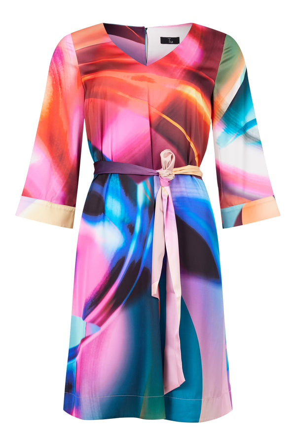 Multi Print V Neck Dress - Pink